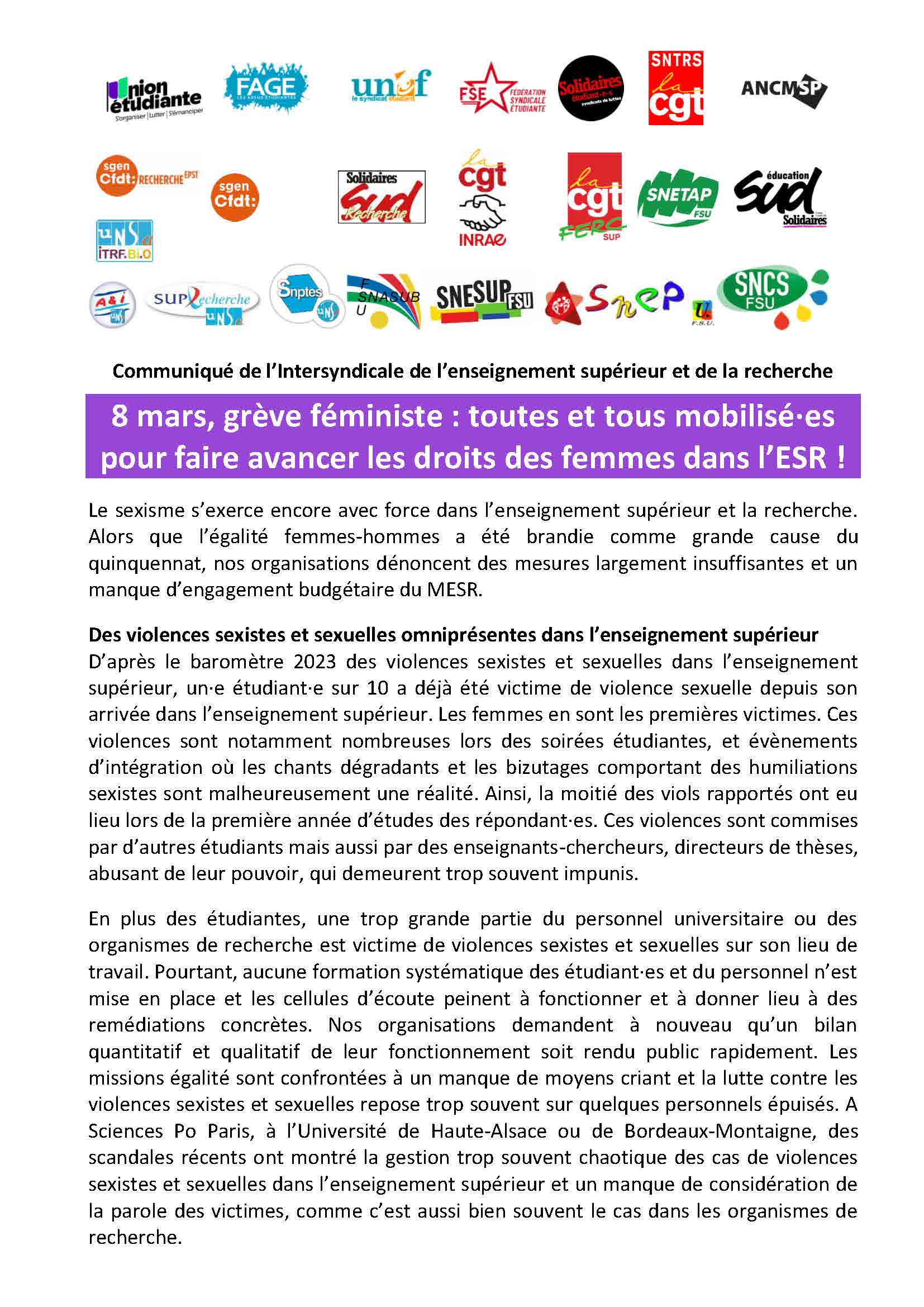 2024 03 01 Intersyndicale ESR 8 mars avec logos final Page 1