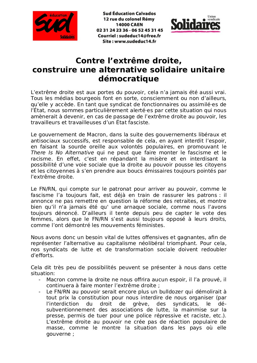 2024 06 20 expression sud education calvados elections legislatives